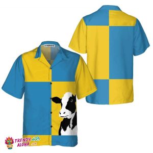 Cow On Yellow And Blue Background Hawaiian Shirt, Cow Shirt For Men & Women, Funny Cow Print Shirt