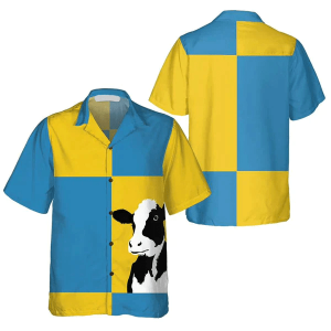 Cow On Yellow And Blue Background Trendy Hawaiian Shirt, Cow Trendy Hawaiian Shirt, Summer Gifts For Men And Women