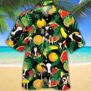 Cow Trendy Hawaiian Shirt – Holstein Friesian Cattle Lovers Tropical Fruits Trendy Hawaiian Shirt – KLA Shirt For Cow Lovers