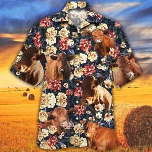 Cow Trendy Hawaiian Shirt, Summer Trendy Hawaiian Shirt, Animal Shirt, Red Angus Cattle Green Plaid Pattern Trendy Hawaiian Shirt