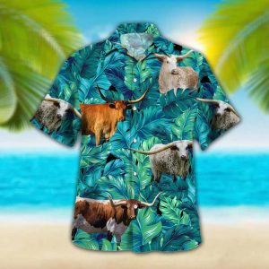 Cow Trendy Hawaiian Shirt, Tx-Longhorn Cattle Lovers Trendy Hawaiian Shirt, Summer Short Sleeve Hawaiian KLA Shirt For Men, Women