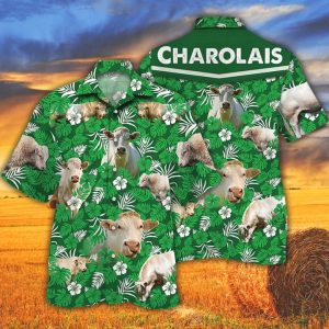 Cow Trendy Hawaiian Shirts Charolais Cattle Lovers Green Floral Pattern Trendy Hawaiian Shirt