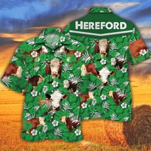 Cow Trendy Hawaiian Shirts For Men Women – Hereford Cattle Lovers Green Floral Pattern Trendy Hawaiian Shirt