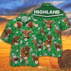 Cow Trendy Hawaiian Shirts For Men, Women Highland Cattle Lovers Green Floral Pattern Trendy Hawaiian Shirt
