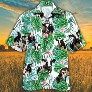 Cow Trendy Hawaiian Shirts For Men, Women, Holstein Friesian Cattle Lovers Tropical Plant Trendy Hawaiian Shirt