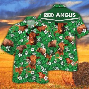 Cow Trendy Hawaiian Shirts For Men Women – Vintage Farm Trendy Hawaiian Shirts, Red Angus Cattle Lovers Green Floral Pattern Trendy Hawaiian Shirt