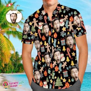 Custom Black Face Shirt Personalized Photo Men’s Trendy KLA Hawaiian Shirt Christmas Surprise Gift – Merry Christmas