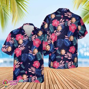 Custom Face And Name Hawaiian Shirt, Personalized Gift For Boyfriend Or Husband Photo Leaves Flower Flamingo Hawaiian Shirt