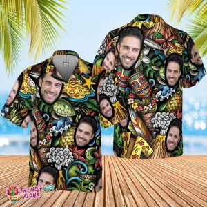 Custom Face Aztec Style Hawaii Shirt Tropical Flower Hawaiian Shirt Tropical Pineapple Flamingo Shirt For Men Birthday Hawaiian Set Gift
