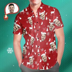 Custom Face Christmas Red Hawaiian Shirts Personalized Photo Shirts Gift For Men