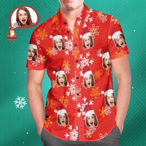 Custom Face Christmas Snowflake Men’s Hawaiian Shirt Print Your Own Personalized Shirt For Him