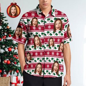 Custom Face Christmas Stripe Hawaiian Shirts Personalised Photo Gift Men’s Christmas Shirts