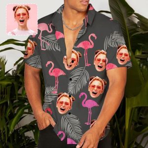 Custom Face Flamingo Black Trendy Hawaiian Shirt Personalized Beachwear