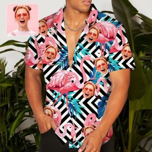 Custom Face Flamingo Stripes Trendy Hawaiian Shirt Personalized Beachwear