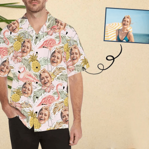 Custom Face Hawaii Shirt, Personalize Shirt For Men, Pink Flamingo Design Hawaii Shirt
