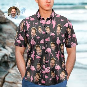 Custom Face Hawaiian Shirt Flamingo Gift For Men, Black Shirt