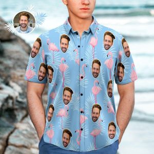 Custom Face Hawaiian Shirt Gifts For Men Flamingo Blue Shirt