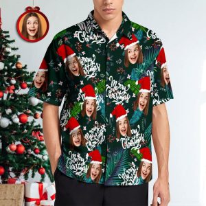 Custom Face Hawaiian Shirts Personalised Photo Gift Men’s Christmas Shirts Flower And Leaves