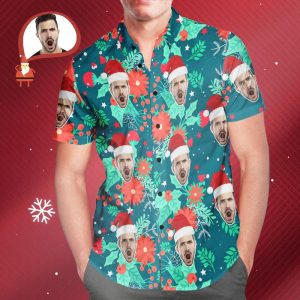Custom Face Men’s All Over Print Christmas Hawaiian Shirt Merry Xmas Is Coming Here