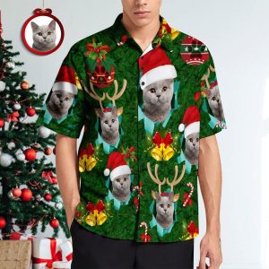 Custom Face Men’s Hawaiian Shirt Santa Hat Antlers Christmas Shirt