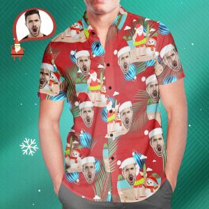 Custom Face Merry Christmas Santa Claus Men’s All Over Print Hawaiian Shirt Christmas Gift