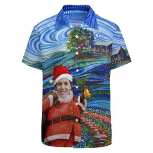 Custom Face Santa Claus Shirt Men Front Pocket Beach Shortsleeve Pocket Hawaiian Shirt