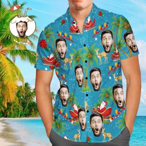 Custom Face Shirt Personalized Photo Men’s Hawaiian Shirt Christmas Gift – Santa And Elk