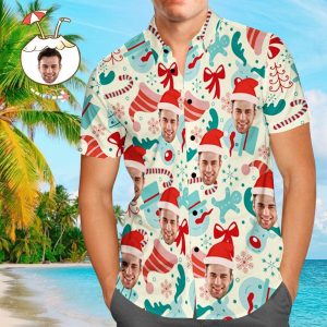 Custom Face Shirt Personalized Photo Men’s Hawaiian Shirt Christmas Gift – Santa Hat