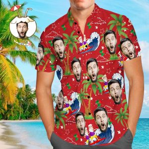Custom Face Shirt Personalized Photo Men’s Hawaiian Shirt Christmas Gift – Surfing Santa