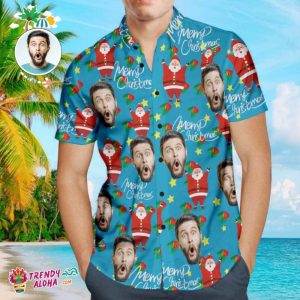 Custom Face Shirt Personalized Photo Men’s Trendy KLA Hawaiian Shirt Christmas Gift – Happy Santa
