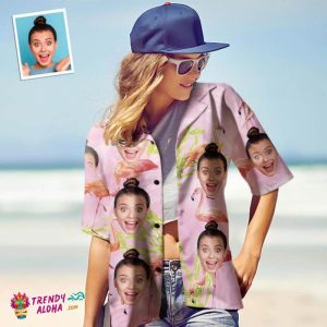 Custom Face Trendy KLA Hawaiian Shirt For Women Personalized Women’s Photo Trendy KLA Hawaiian Shirt Gift For Her – Pink Flamingo