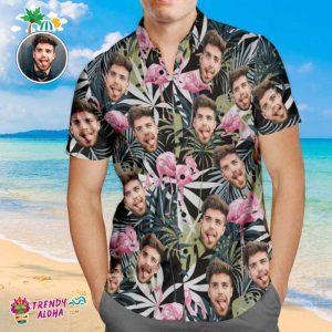 Custom Face Trendy KLA Hawaiian Shirt Leaves And Flamingo Personalized KLA Beach Shirt For Men
