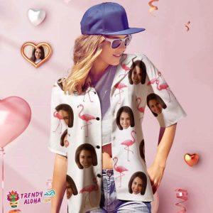 Custom Face Trendy KLA Hawaiian Shirt Personalized Women’s Photo Flamingo Shirt Valentine’s Day Gift For Her