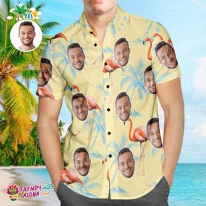 Custom Face Trendy KLA Hawaiian Shirt Sunny Flamingo Personalized KLA Beach Shirt For Men