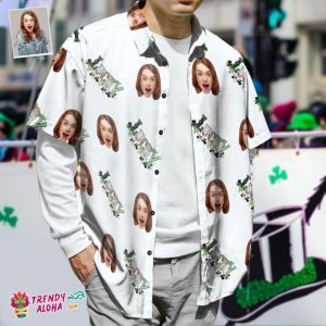 Custom Face Trendy KLA Hawaiian Shirts, St. Patrick Short Sleeves Shirts, Clover And Alphabet Pattern Top
