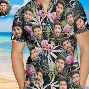 Custom Face Trendy Hawaiian Shirt Leaves And Flamingo Personalized KLA Beach Shirt For Men, Birthday Hawaiian Gift, Custom Photo, Gift For Family