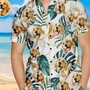 Custom Face Trendy Hawaiian Shirt White Flowers Personalized KLA Beach Shirt For Pet Lover, Birthday Hawaiian Gift, Custom Photo, Gift For Family