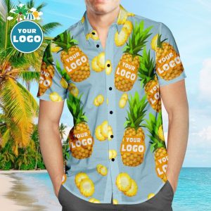 Custom Logo Hawaiian Shirts Blue Funny Pineapple Personalized KLA Beach Shirt For Men