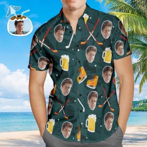 Custom Men Face Hockey Beer Trendy Hawaiian Shirts, Personalized Photo Hockey KLA Beach Shirt, Matching Outfit For Hockey Lovers