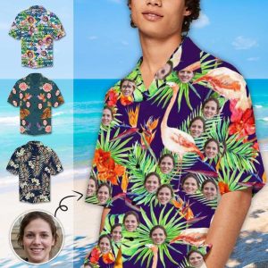 Custom Men’s Hawaiian Shirt With Face Flamingo Leaves