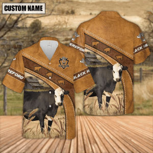 Custom Name Black Hereford Cow Leather Pattern Trendy Hawaiian Shirt, Summer Gift For Men And Women
