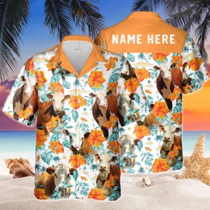 Custom Name Hereford Cow Hibiscus Flowers Trendy Hawaiian Shirt, Cow Trendy Hawaiian Shirt, Summer Gifts For Men And Women