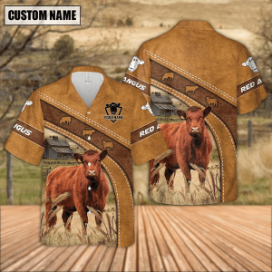Custom Name Red Angus Cow Leather Pattern Trendy Hawaiian Shirt, Gift For Farmer