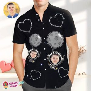 Custom Photo Trendy KLA Hawaiian Shirt For Men, Funky Astronaut Casual Button-Down Shirt With Ballon