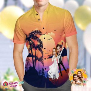 Custom Photo Trendy KLA Hawaiian Shirt Personalized Sunset And Coconut Grove Wedding Trendy KLA Hawaiian Shirt Group Wedding Uniforms