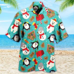 Cute Christmas Penguin Polar Bear Green Hawaiian Shirt 3D Summer Gifts
