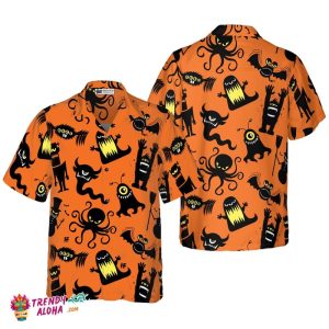 Cute Monster Silhouette Halloween Bigfoot Hawaiian Shirt, Pumpkin Orange And Black Halloween Bigfoot Shirt For Men