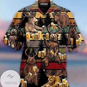 Deer Bear Enjoying a Cold Beer Together on Hawaiian Shirt