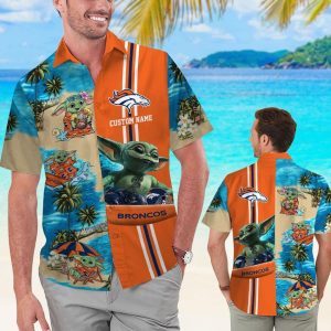 Denver Broncos Baby Yoda Name Personalized Short Sleeve Button Up Tropical Hawaiian Shirt