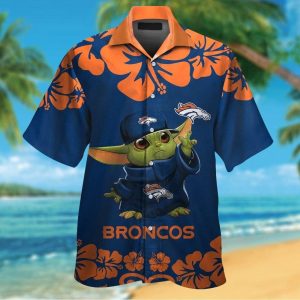 Denver Broncos Baby Yoda Short Sleeve Button Up Tropical Hawaiian Shirt